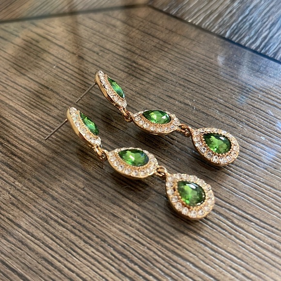Monet Green & Clear Tear Drop Rhinestone Dangle Earrings - Picture 7 of 15